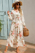 Women's White Bohemian Maxi Dress – Floral Print & Empire Waist