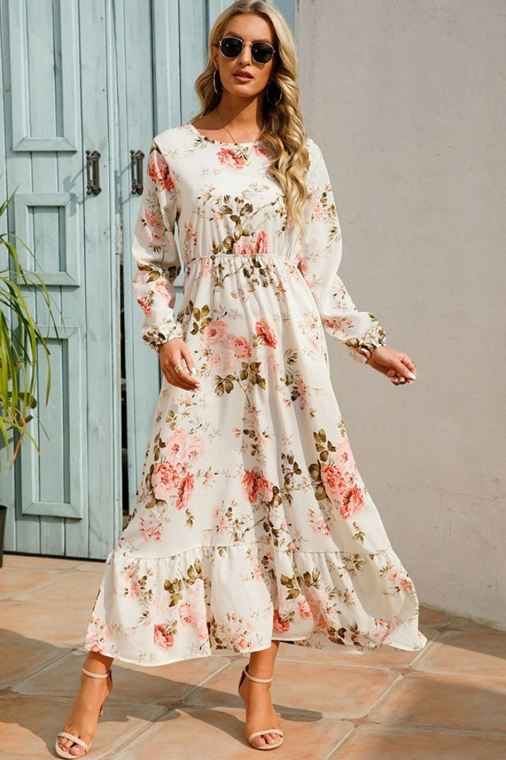 Women's White Bohemian Maxi Dress – Floral Print & Empire Waist