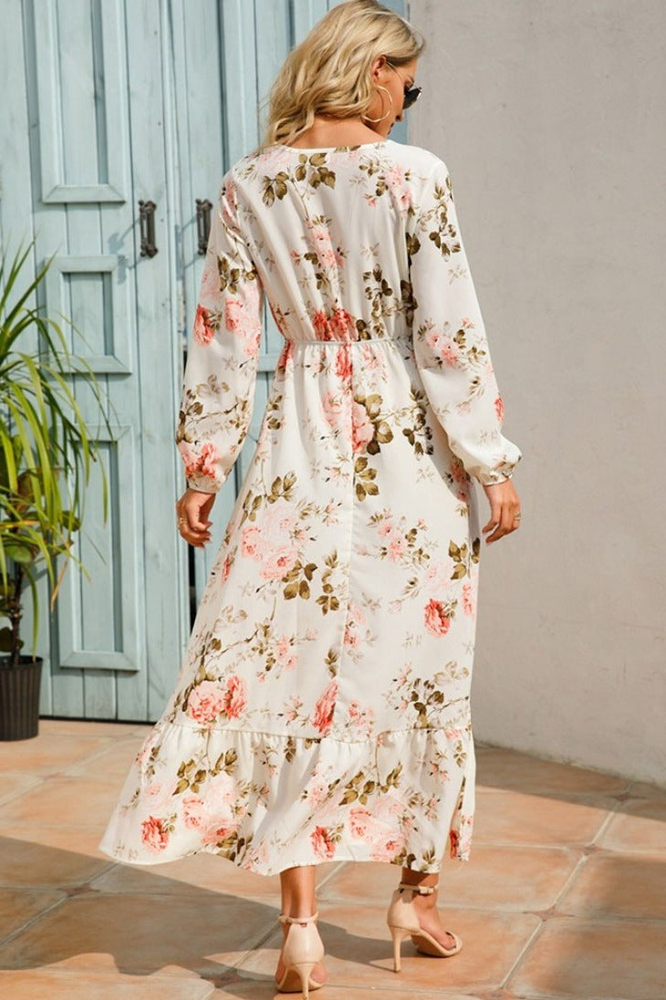 Women's White Bohemian Maxi Dress – Floral Print & Empire Waist