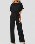 Women's Wide Leg Jumpsuit – Flutter Sleeve & Tie Waist