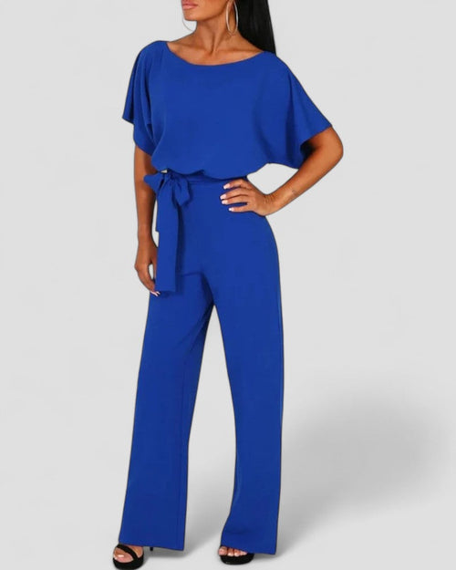 Women's Wide Leg Jumpsuit – Flutter Sleeve & Tie Waist