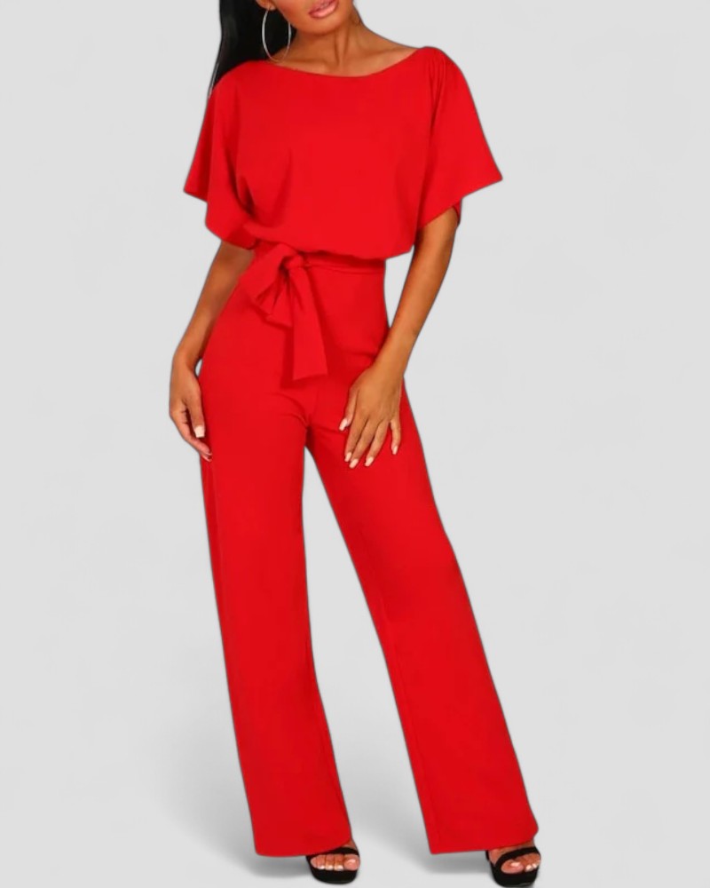 Women's Wide Leg Jumpsuit – Flutter Sleeve & Tie Waist